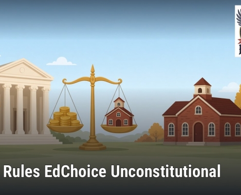 Fostoria News Illustration of courthouse, scales, and school building with autumn trees in background.